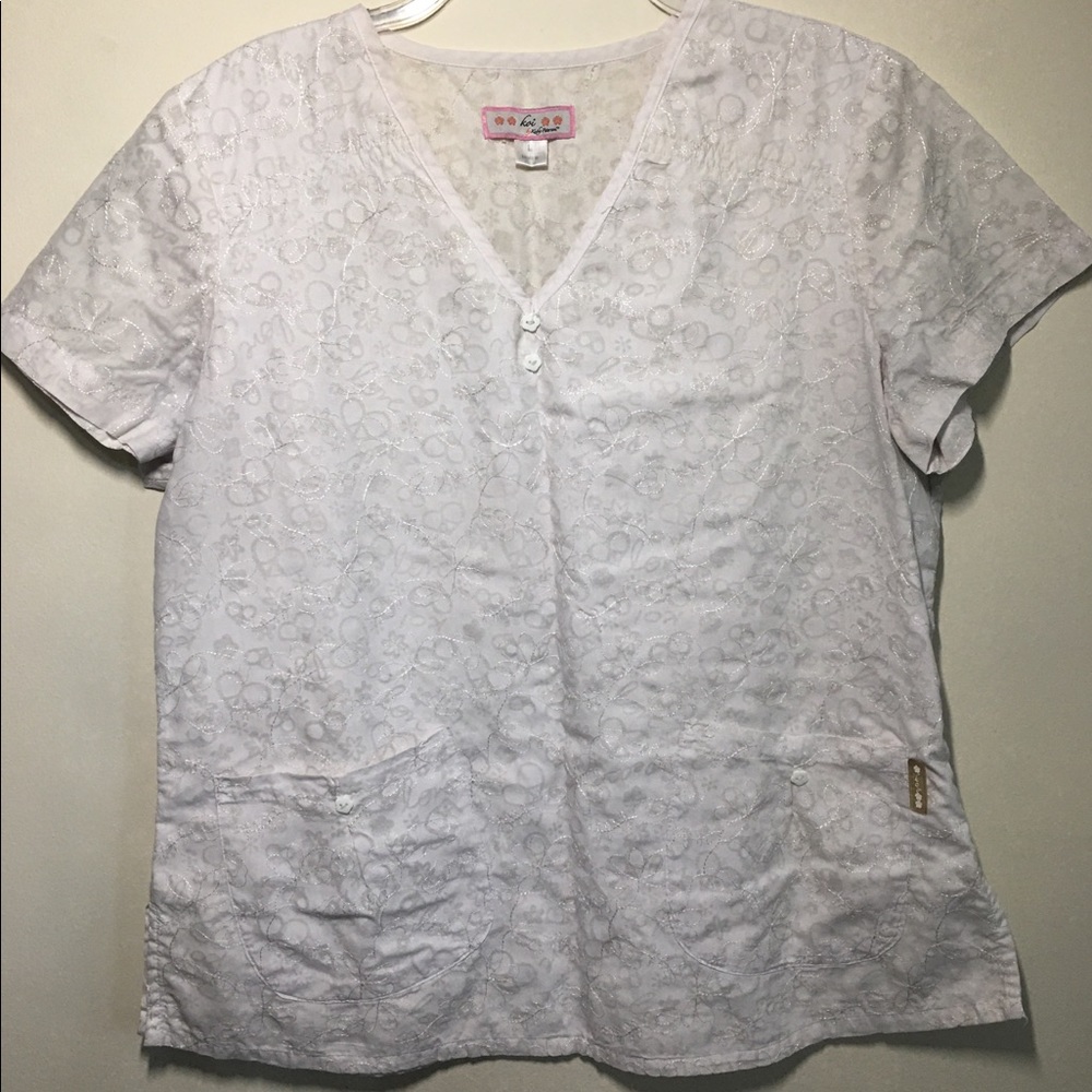 Koi Scrub Top: White Embroidered Floral Design - L